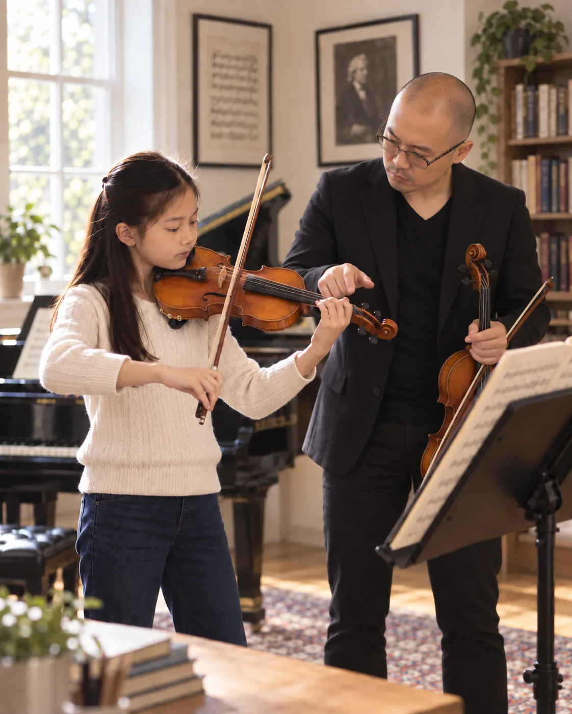 Young violin student playing while a teacher observes her left hand